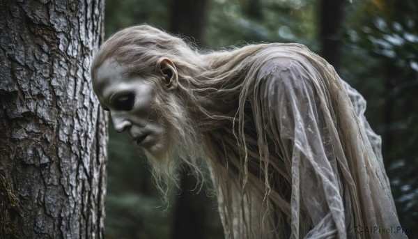 solo,long hair,1boy,closed mouth,upper body,white hair,male focus,outdoors,signature,blurry,from side,tree,wet,profile,leaning forward,blurry background,facial hair,nature,beard,robe,realistic,old,old man,see-through,colored skin,forest