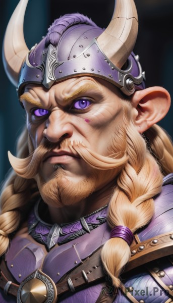 solo,long hair,looking at viewer,blonde hair,1boy,closed mouth,purple eyes,upper body,braid,male focus,horns,armor,twin braids,facial hair,thick eyebrows,helmet,portrait,beard,mustache,fake horns,manly,horned headwear,horned helmet,pointy ears,collar,shoulder armor,serious,breastplate