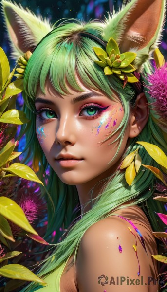 1girl,solo,long hair,looking at viewer,bangs,hair ornament,animal ears,bare shoulders,jewelry,closed mouth,green eyes,upper body,flower,earrings,green hair,artist name,cat ears,hair flower,from side,lips,animal ear fluff,fox ears,eyelashes,makeup,leaf,facial mark,portrait,extra ears,eyeshadow,freckles,realistic,nose,eyeliner,facepaint,mascara,sleeveless,shiny,looking to the side,plant,light particles,pink lips,paint splatter