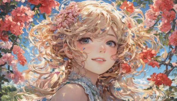 1girl,solo,long hair,looking at viewer,blush,smile,bangs,blue eyes,blonde hair,hair ornament,bare shoulders,jewelry,upper body,flower,earrings,outdoors,frills,parted lips,sky,teeth,sleeveless,day,cloud,hair flower,tree,blue sky,lips,petals,eyelashes,floating hair,wavy hair,sunlight,cherry blossoms,red flower,wind,portrait,pink flower,branch,dappled sunlight,from side,realistic,nose