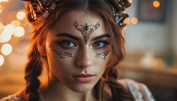 1girl,solo,long hair,looking at viewer,brown hair,hair ornament,brown eyes,jewelry,closed mouth,braid,artist name,blurry,twin braids,lips,depth of field,blurry background,facial mark,portrait,freckles,realistic,nose,bokeh,multiple braids,blue eyes,parted lips,eyelashes,tattoo,makeup,crown,close-up,facepaint,facial tattoo