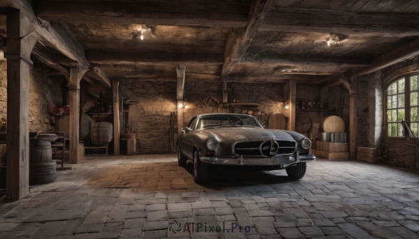 indoors,no humans,window,sunlight,ground vehicle,scenery,motor vehicle,door,car,brick wall,vehicle focus,barrel,chair,table,light,wheel,sports car