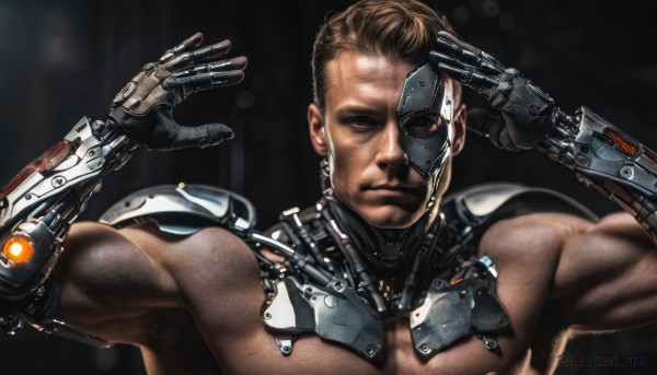 solo,looking at viewer,brown hair,1boy,brown eyes,closed mouth,upper body,male focus,arms up,muscular,facial hair,science fiction,topless male,realistic,mustache,mechanical arms,manly,cyborg,single mechanical arm,cyberpunk,eyepatch,muscular male,prosthesis,mechanical parts