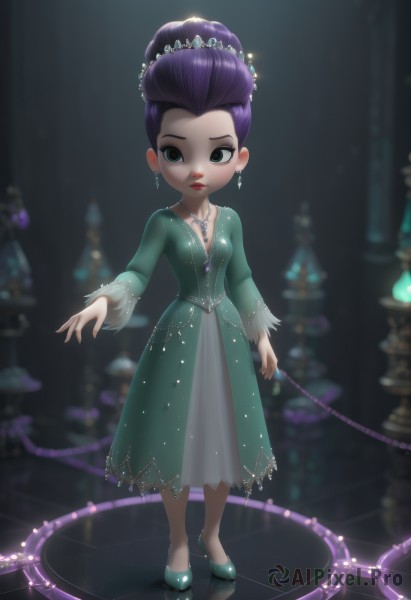 1girl,solo,breasts,looking at viewer,long sleeves,dress,jewelry,green eyes,standing,full body,purple hair,earrings,small breasts,shoes,indoors,necklace,hair bun,blurry,high heels,makeup,blurry background,single hair bun,tiara,aged down,crown,lipstick,child,green dress,red lips,female child,hair up,hair slicked back,hair pulled back,updo,princess,aqua dress,short hair,hair ornament,holding,cleavage,medium breasts,closed mouth,artist name,lips,sparkle,watermark,cross,green footwear,spotlight