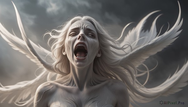 1girl,solo,long hair,breasts,looking at viewer,open mouth,blue eyes,blonde hair,bare shoulders,collarbone,upper body,white hair,nude,wings,sky,teeth,tongue,cloud,tattoo,floating hair,fangs,cloudy sky,feathered wings,angel wings,realistic,white wings,angel,screaming,grey sky,uvula,grey theme,lips,crying,head wings,messy hair,pale skin,portrait,facing viewer,multiple wings