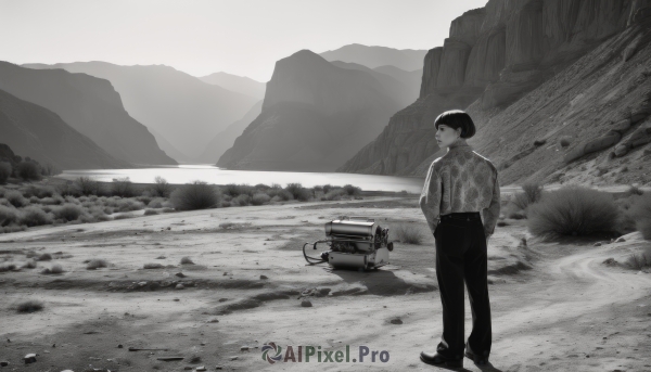 1girl,solo,short hair,shirt,long sleeves,1boy,hat,standing,monochrome,greyscale,male focus,outdoors,shoes,looking back,pants,hair bun,from behind,single hair bun,ground vehicle,sneakers,nature,scenery,motor vehicle,mountain,wide shot,jacket,collared shirt,black pants,grass,hands in pockets,car,road