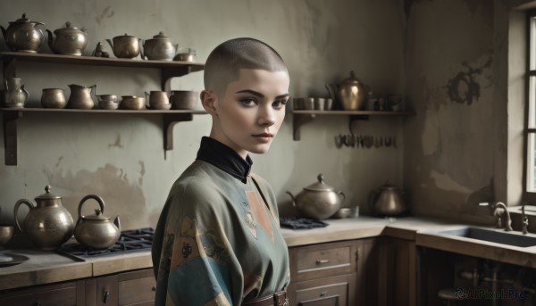 1girl,solo,breasts,looking at viewer,short hair,brown eyes,closed mouth,upper body,grey hair,indoors,black eyes,from side,cup,lips,window,table,teacup,realistic,nose,teapot,very short hair,kitchen,buzz cut,kettle,black hair,1boy,makeup,sunlight,shelf,jar