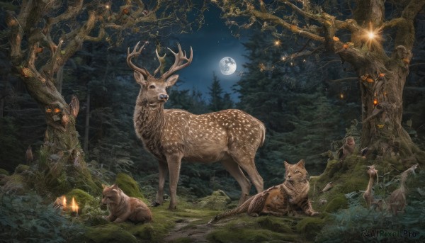 outdoors,sky,water,tree,no humans,night,animal,moon,grass,fire,nature,night sky,scenery,full moon,forest,fantasy,branch,antlers,mushroom,squirrel,deer,reindeer,looking at viewer,glowing,star (sky)