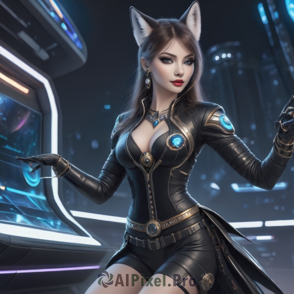 1girl,solo,long hair,breasts,looking at viewer,blue eyes,large breasts,brown hair,black hair,gloves,long sleeves,animal ears,cleavage,jewelry,medium breasts,sitting,tail,cowboy shot,earrings,parted lips,shorts,black gloves,belt,artist name,cat ears,necklace,blurry,lips,cat tail,short shorts,bodysuit,makeup,night,blurry background,black shorts,lipstick,gem,pendant,red lips,smile,bangs,holding,closed mouth,signature,black eyes,bracelet,parted bangs,grey eyes,thigh strap,watermark,garter straps,dog ears,web address,extra ears,buckle,eyeshadow,backlighting,science fiction,realistic,nose