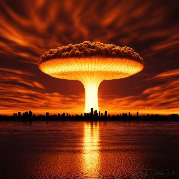 outdoors,sky,cloud,water,no humans,cloudy sky,building,scenery,reflection,sunset,city,sun,horizon,cityscape,mushroom,red theme,skyscraper,orange sky,orange theme,red sky,evening,skyline