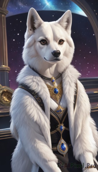 solo,looking at viewer,brown eyes,jewelry,sky,necklace,vest,bracelet,coat,no humans,night,animal,brooch,gem,star (sky),night sky,furry,pendant,starry sky,dog,animal focus,white fur,fur,blue gemstone,fluffy,1girl,breasts,smile,dress,closed mouth,upper body,fur trim,fur collar,space,pillar,wolf