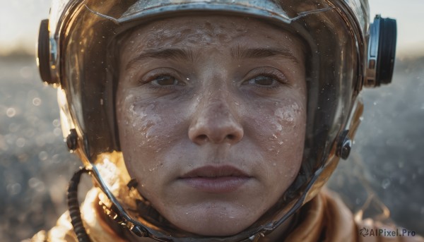 solo,looking at viewer,brown hair,1boy,brown eyes,male focus,outdoors,parted lips,scarf,blurry,lips,depth of field,blurry background,helmet,portrait,close-up,freckles,reflection,realistic,straight-on,dirty,spacesuit,astronaut,1girl,headset,science fiction