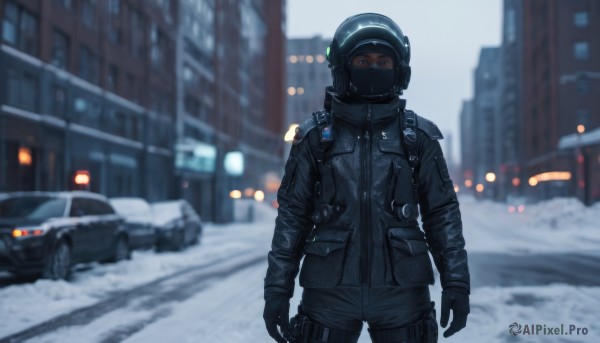 1girl,solo,looking at viewer,blue eyes,gloves,long sleeves,standing,jacket,weapon,cowboy shot,outdoors,shorts,day,black gloves,blurry,black jacket,gun,thigh strap,mask,depth of field,blurry background,helmet,ground vehicle,building,motor vehicle,snow,snowing,city,car,road,holster,winter,police,street,police uniform,thigh holster,1boy,male focus,pants,black pants,1other,realistic,ambiguous gender,bulletproof vest,motorcycle helmet