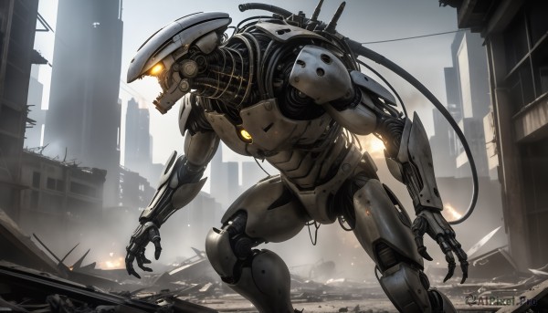 HQ,solo,standing,outdoors,no humans,glowing,robot,building,mecha,glowing eyes,claws,science fiction,city,realistic,cable,ruins,damaged,wire,open mouth,orange eyes,cityscape,debris,humanoid robot,kaijuu