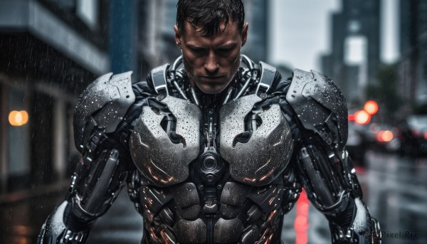 solo,short hair,black hair,1boy,closed mouth,closed eyes,upper body,male focus,outdoors,dark skin,armor,blurry,blurry background,dark-skinned male,building,facing viewer,science fiction,rain,realistic,manly,cyborg,cyberpunk,looking at viewer,bodysuit,muscular,facial hair,city,very short hair,power armor,power suit