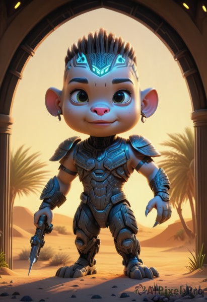 solo,looking at viewer,smile,short hair,black hair,1boy,holding,animal ears,jewelry,closed mouth,green eyes,standing,full body,weapon,male focus,earrings,outdoors,artist name,chibi,holding weapon,armor,mole,tree,lips,fingernails,gun,glowing,ring,knife,shoulder armor,furry,handgun,backlighting,freckles,sand,palm tree,furry male,male child,desert,1girl,brown eyes,yellow eyes,teeth,dark skin,mole under eye,tattoo,colored skin,grass,holding gun,claws,rock,armored boots,mohawk