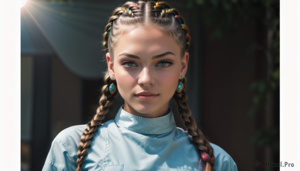 1girl,solo,long hair,looking at viewer,smile,blue eyes,brown hair,hair ornament,jewelry,closed mouth,upper body,braid,earrings,outdoors,day,blurry,twin braids,sweater,lips,grey eyes,depth of field,blurry background,turtleneck,sunlight,gem,portrait,forehead,freckles,realistic,nose,white sweater,multiple braids,shirt,black hair,twintails,hair ribbon,parted lips,artist name,signature,makeup,thick eyebrows,blue shirt,hair over shoulder,light rays,turtleneck sweater