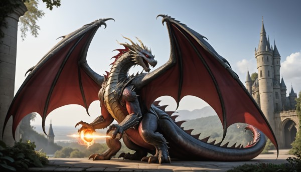 HQ,solo,open mouth,red eyes,tail,weapon,outdoors,wings,horns,sky,teeth,day,sword,cloud,tree,blue sky,no humans,glowing,fire,sharp teeth,claws,dragon horns,monster,fantasy,dragon,dragon tail,scales,castle,tower,dragon wings,breathing fire,cloudy sky,scenery,spikes,mountain,magic,beam