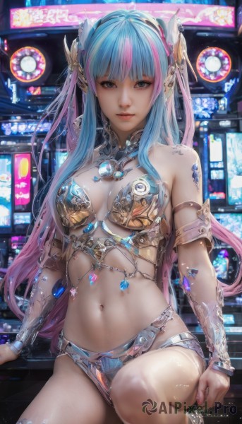 1girl,solo,long hair,breasts,looking at viewer,smile,bangs,blue eyes,hair ornament,navel,bare shoulders,jewelry,medium breasts,sitting,blue hair,pink hair,multicolored hair,parted lips,blunt bangs,stomach,armor,two-tone hair,lips,headgear,revealing clothes,armlet,realistic,bikini armor,cleavage,artist name,signature,watermark,science fiction,cyberpunk,neon lights