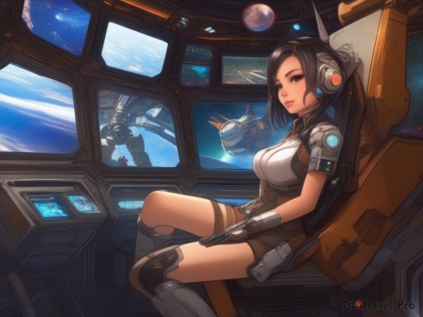 1girl,solo,long hair,breasts,looking at viewer,black hair,gloves,brown eyes,medium breasts,sitting,closed mouth,ponytail,weapon,short sleeves,boots,shorts,armor,from side,lips,gun,bodysuit,headgear,headphones,handgun,science fiction,space,planet,earth (planet),spacecraft,cockpit,short hair,bangs,large breasts,brown hair,holding,sky,indoors,fingerless gloves,bag,holding weapon,parted bangs,window,swept bangs,backpack,light smile,robot,pointing,holding gun,headset,nose,holster,brown shorts,framed breasts,holographic interface,hologram