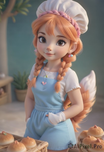 1girl,solo,long hair,looking at viewer,blush,smile,bangs,shirt,gloves,hat,holding,animal ears,brown eyes,jewelry,closed mouth,standing,tail,white shirt,braid,short sleeves,heart,cowboy shot,earrings,food,solo focus,artist name,white gloves,orange hair,blurry,apron,twin braids,fruit,depth of field,blurry background,fox tail,white headwear,child,furry,freckles,hand in pocket,hands in pockets,furry female,basket,female child,overalls,bread,overall shorts,lips,plant