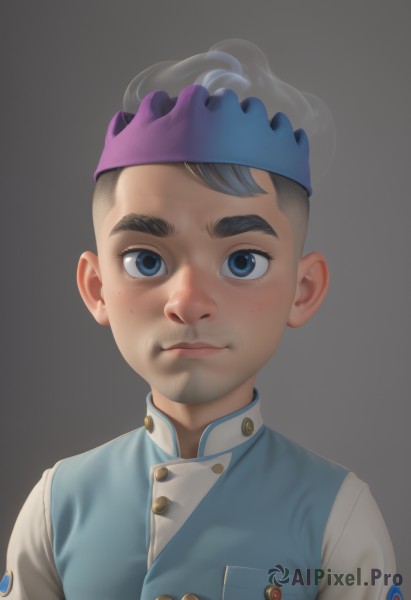 solo,looking at viewer,smile,short hair,blue eyes,simple background,shirt,1boy,hat,closed mouth,white shirt,upper body,grey hair,male focus,grey background,vest,buttons,child,portrait,freckles,realistic,male child,blue vest,black hair,headband,thick eyebrows,black background,object on head,panties on head