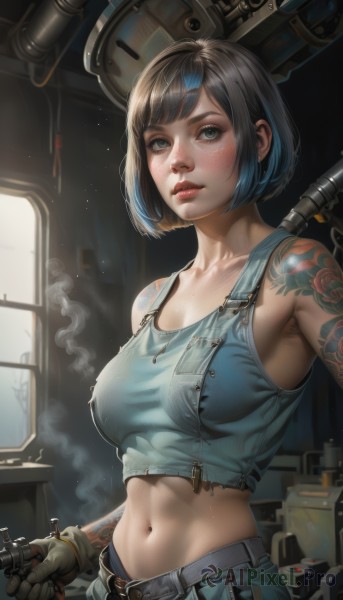 1girl,solo,breasts,looking at viewer,short hair,bangs,black hair,gloves,navel,holding,bare shoulders,medium breasts,collarbone,upper body,parted lips,sleeveless,midriff,belt,indoors,armpits,stomach,black eyes,lips,crop top,grey eyes,window,tattoo,makeup,bob cut,tank top,denim,brown gloves,smoke,freckles,realistic,nose,overalls,arm tattoo,shoulder tattoo,dirty,wrench,dirty face,blue eyes,large breasts,brown hair,cleavage,jewelry,blue hair,weapon,multicolored hair,holding weapon,streaked hair,gun,holding gun,zipper,science fiction