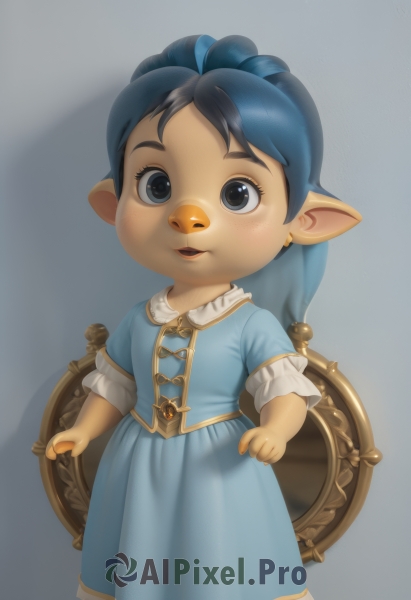 1girl,solo,long hair,looking at viewer,simple background,black hair,dress,holding,jewelry,blue hair,standing,ponytail,short sleeves,multicolored hair,earrings,pointy ears,grey background,black eyes,blue dress,child,furry,freckles,shield,female child,humanization,lalafell,short hair,open mouth,blue eyes,ahoge