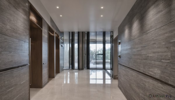 day,indoors,tree,no humans,window,shadow,sunlight,scenery,reflection,wooden floor,door,light,ceiling,hallway,ceiling light,reflective floor,rain,stairs,tiles,tile floor,school,floor