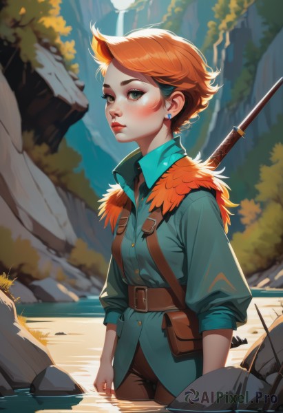 1girl,solo,breasts,looking at viewer,blush,short hair,blue eyes,shirt,long sleeves,jewelry,green eyes,standing,weapon,earrings,small breasts,outdoors,parted lips,collared shirt,belt,pants,sword,artist name,water,orange hair,lips,makeup,thick eyebrows,blue shirt,nature,wading,sleeves rolled up,partially submerged,freckles,pouch,rock,nose,green shirt,red lips,stud earrings,belt pouch,river,weapon on back,waterfall,closed mouth,red hair,day,eyelashes,buttons,polearm,brown belt,very short hair