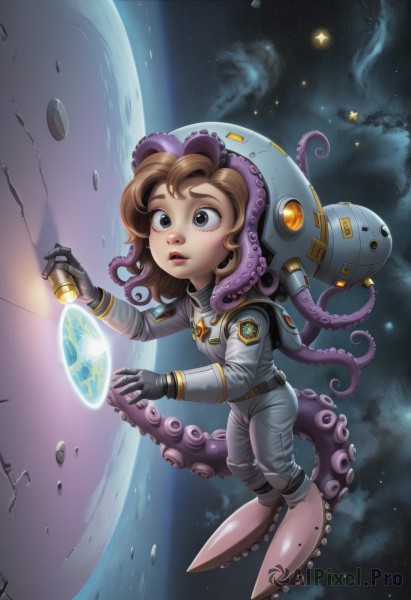 1girl,solo,open mouth,brown hair,gloves,holding,full body,parted lips,teeth,medium hair,black eyes,lips,grey eyes,helmet,star (sky),tentacles,floating,science fiction,wide-eyed,space,planet,grey gloves,alien,octopus,spacecraft,spacesuit,space helmet,astronaut,black gloves,artist name,signature,bodysuit,monster girl,freckles,suction cups,flashlight,scylla