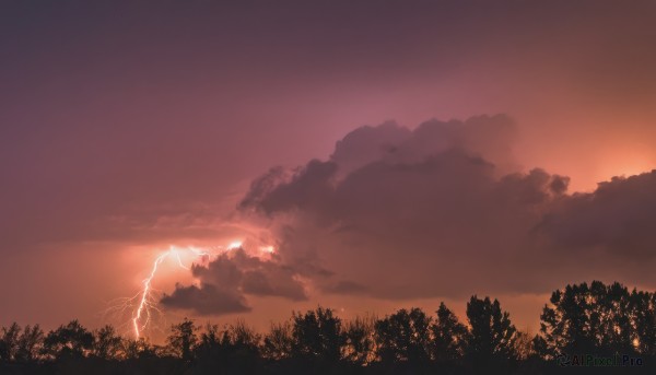 outdoors,sky,cloud,tree,no humans,cloudy sky,nature,scenery,forest,sunset,electricity,lightning,orange sky,red sky,monochrome,landscape