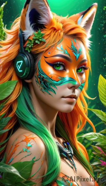 1girl,solo,long hair,breasts,looking at viewer,hair ornament,animal ears,cleavage,bare shoulders,jewelry,medium breasts,closed mouth,green eyes,upper body,flower,multicolored hair,green hair,artist name,signature,hair flower,necklace,orange hair,from side,lips,animal ear fluff,fox ears,eyelashes,tattoo,gradient hair,makeup,glowing,headphones,leaf,plant,slit pupils,eyeshadow,green background,nose,eyeliner,facepaint,mascara,bangs,facial mark,fox girl,portrait,nature,light particles,freckles,vines