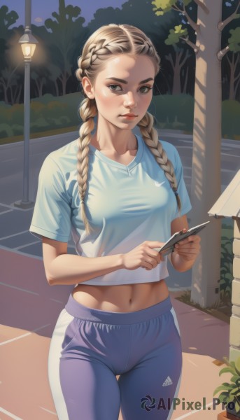 1girl,solo,long hair,breasts,looking at viewer,blonde hair,brown hair,shirt,navel,holding,twintails,brown eyes,medium breasts,closed mouth,standing,collarbone,braid,short sleeves,cowboy shot,small breasts,outdoors,day,midriff,pants,artist name,twin braids,tree,lips,crop top,fingernails,phone,thigh gap,thick eyebrows,cellphone,blue shirt,plant,t-shirt,hair over shoulder,smartphone,forehead,freckles,holding phone,nose,blue pants,road,bush,tight,lamppost,sweatpants,white shirt,stomach,night,taut clothes,pen,taut shirt,linea alba,thick lips