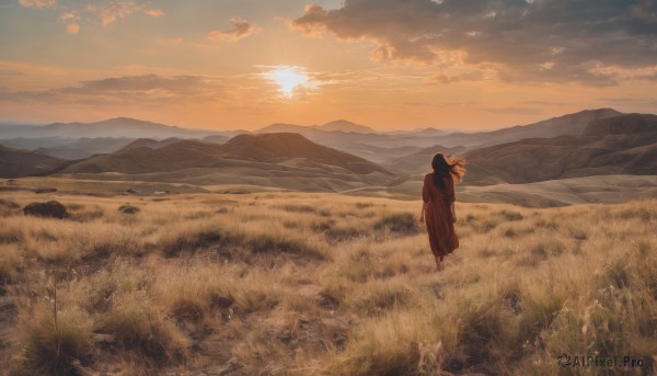 1girl,solo,long hair,skirt,black hair,standing,outdoors,sky,barefoot,cloud,from behind,red skirt,sunlight,cloudy sky,grass,wind,scenery,sunset,long skirt,mountain,sun,horizon,facing away,field,wide shot,evening,landscape,mountainous horizon,orange sky,hill,walking