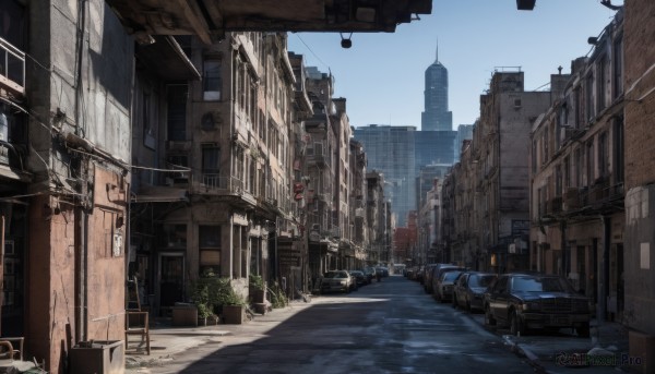 outdoors,sky,day,blue sky,no humans,window,plant,ground vehicle,building,scenery,motor vehicle,city,sign,car,potted plant,road,cityscape,lamppost,street,skyscraper,alley,air conditioner,truck,crosswalk,real world location,shadow