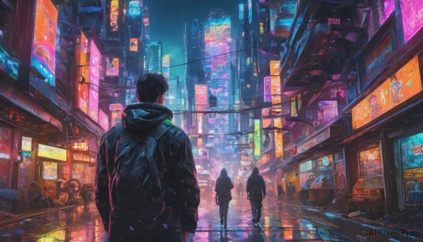 short hair, multiple girls, black hair, standing, jacket, outdoors, multiple boys, hood, bag, from behind, night, backpack, ground vehicle, building, scenery, motor vehicle, science fiction, rain, city, road, cityscape, street, city lights, cyberpunk, neon lights