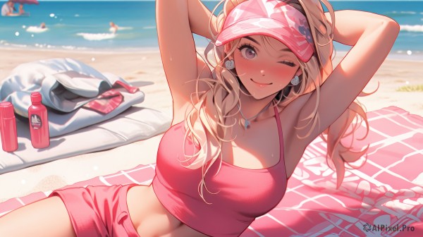 1girl,solo,long hair,breasts,looking at viewer,blush,smile,blonde hair,large breasts,navel,cleavage,bare shoulders,jewelry,sitting,closed mouth,purple eyes,collarbone,swimsuit,heart,sweat,earrings,outdoors,lying,one eye closed,shorts,sleeveless,solo focus,day,midriff,armpits,water,necklace,mole,blurry,arms up,lips,crop top,bare arms,short shorts,ocean,umbrella,beach,tank top,bottle,tan,towel,arms behind head,camisole,pink shirt,;),visor cap,sand,gyaru,beach umbrella,heart necklace,pink shorts,beach towel,multiple girls,twintails,medium breasts,sky,depth of field,blurry background,sunlight,can,water bottle