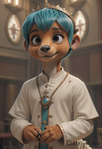 solo,looking at viewer,smile,short hair,long sleeves,1boy,animal ears,brown eyes,jewelry,closed mouth,blue hair,upper body,male focus,earrings,indoors,necklace,blurry,black eyes,blurry background,ring,crown,child,furry,furry male,male child,necktie,artist name,:3,tiara,gem,freckles,realistic,clock