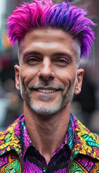 solo,looking at viewer,smile,shirt,1boy,brown eyes,jewelry,jacket,upper body,pink hair,purple hair,male focus,multicolored hair,earrings,teeth,collared shirt,grin,blurry,two-tone hair,depth of field,blurry background,facial hair,piercing,portrait,beard,realistic,nose,mustache,manly,old,old man,mohawk,short hair,purple shirt