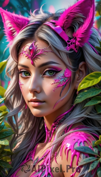 1girl,solo,long hair,breasts,looking at viewer,brown hair,animal ears,cleavage,medium breasts,closed mouth,green eyes,upper body,grey hair,hairband,artist name,cat ears,lips,eyelashes,makeup,fake animal ears,leaf,facial mark,plant,lipstick,portrait,eyeshadow,freckles,realistic,nose,eyeliner,mascara,bare shoulders,multicolored hair,parted lips,fox ears,watermark,nature,web address,pink lips,facepaint