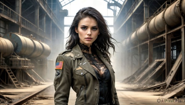 HQ,1girl,solo,long hair,breasts,looking at viewer,blue eyes,black hair,cleavage,brown eyes,medium breasts,jacket,upper body,outdoors,parted lips,open clothes,choker,day,belt,bra,uniform,open jacket,lips,military,military uniform,makeup,ground vehicle,lace trim,lace,motor vehicle,pocket,realistic,nose,emblem,military vehicle,badge,american flag,dust,science fiction,leather,ruins,dirty,leather jacket,dirty face