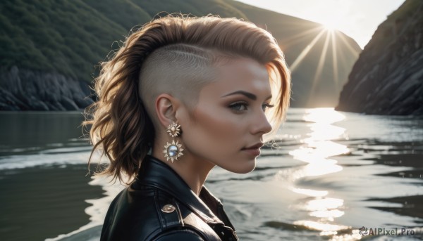 1girl,solo,looking at viewer,short hair,blonde hair,brown hair,brown eyes,jewelry,jacket,ponytail,earrings,outdoors,day,water,from side,lips,grey eyes,profile,sunlight,portrait,mountain,realistic,nose,leather,river,leather jacket,blue eyes,parted lips,signature,eyelashes,backlighting,reflection,glint,sun