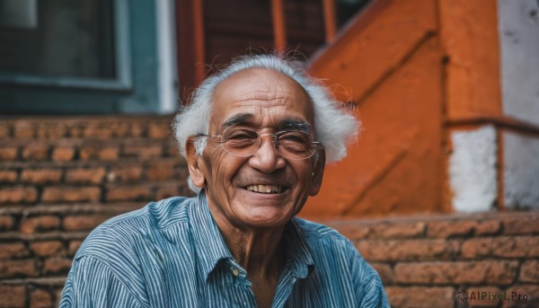 solo,smile,shirt,1boy,closed eyes,upper body,white hair,grey hair,male focus,outdoors,glasses,teeth,striped,collared shirt,grin,blurry,blurry background,blue shirt,facing viewer,vertical stripes,meme,striped shirt,realistic,bald,old,old man,vertical-striped shirt,old woman,wrinkled skin