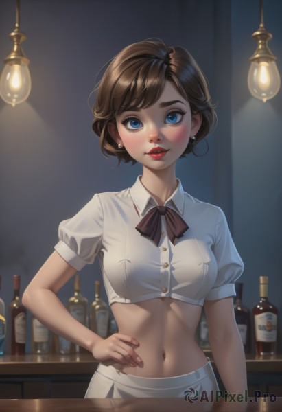 1girl,solo,breasts,looking at viewer,blush,smile,short hair,bangs,blue eyes,skirt,brown hair,shirt,bow,ribbon,navel,jewelry,medium breasts,closed mouth,standing,white shirt,upper body,short sleeves,earrings,midriff,puffy sleeves,collared shirt,artist name,indoors,bowtie,stomach,puffy short sleeves,lips,crop top,fingernails,hand on hip,eyelashes,black bow,makeup,buttons,swept bangs,white skirt,bottle,wing collar,lipstick,alcohol,freckles,black bowtie,red lips,stud earrings,light,cropped shirt,wine bottle,mascara,bar (place),counter