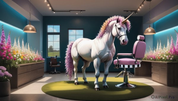 flower,horns,sky,day,indoors,blue sky,no humans,window,shadow,chair,table,plant,scenery,single horn,pink flower,desk,yellow flower,purple flower,potted plant,lamp,vase,orange flower,flower pot,ceiling light,unicorn,solo,cloud,animal,light,animal focus,horse,chandelier