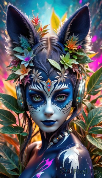 1girl,solo,long hair,breasts,looking at viewer,smile,short hair,black hair,hair ornament,animal ears,cleavage,jewelry,medium breasts,closed mouth,green eyes,blue hair,upper body,flower,artist name,hair flower,necklace,blurry,lips,fox ears,eyelashes,tattoo,makeup,colored skin,headphones,leaf,facial mark,plant,lipstick,gem,portrait,eyeshadow,beads,blue skin,facepaint,bodypaint,mascara,blue lips,tribal,freckles,forehead jewel,colorful