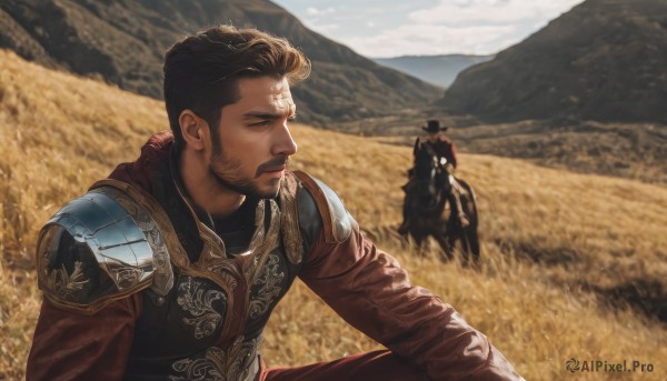 solo,short hair,brown hair,black hair,long sleeves,1boy,sitting,upper body,male focus,outdoors,sky,day,cloud,armor,blurry,facial hair,animal,shoulder armor,beard,mountain,realistic,mustache,riding,field,horse,horseback riding,closed mouth,multiple boys,2boys,sideburns,chainmail