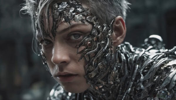 1girl,solo,looking at viewer,short hair,1boy,closed mouth,white hair,grey hair,male focus,blurry,black eyes,lips,grey eyes,blurry background,portrait,science fiction,realistic,very short hair,cyborg,cyberpunk,black hair,armor,expressionless,close-up,freckles,nose