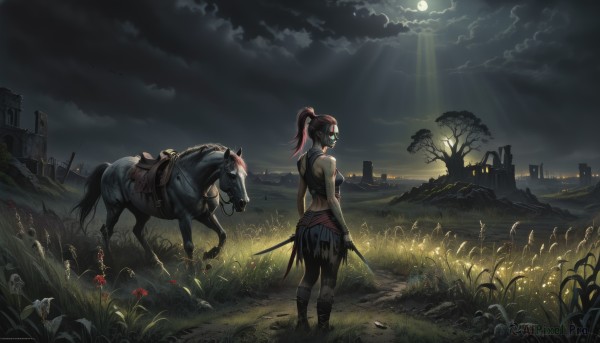 1girl,solo,long hair,holding,ponytail,weapon,flower,red hair,outdoors,sky,sword,cloud,from behind,tree,mask,night,moon,cloudy sky,grass,nature,night sky,scenery,full moon,dark,horse,castle,moonlight,horseback riding,breasts,bare shoulders,medium breasts,standing,boots,belt,looking back,holding weapon,torn clothes,glowing,animal,back,bandages,holding sword,sunlight,plant,goggles,building,sheath,dual wielding,light rays,city,sun,riding,sunbeam,ruins,saddle